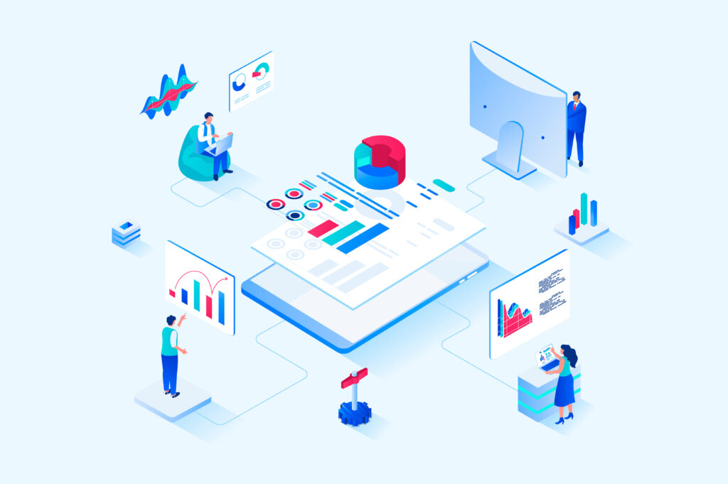 Data analysis 3d isometric web design. People work with charts, diagrams and graphs, make financial reports for company and business accounting, auditing and analytics. Vector web illustration
