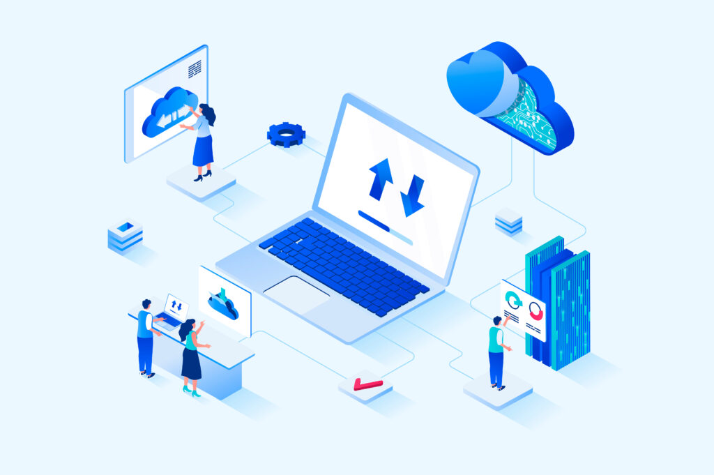Cloud computing 3d isometric web design. People transfer data, share security access to online storage for other users, use hosting services or work with databases servers. Web illustration