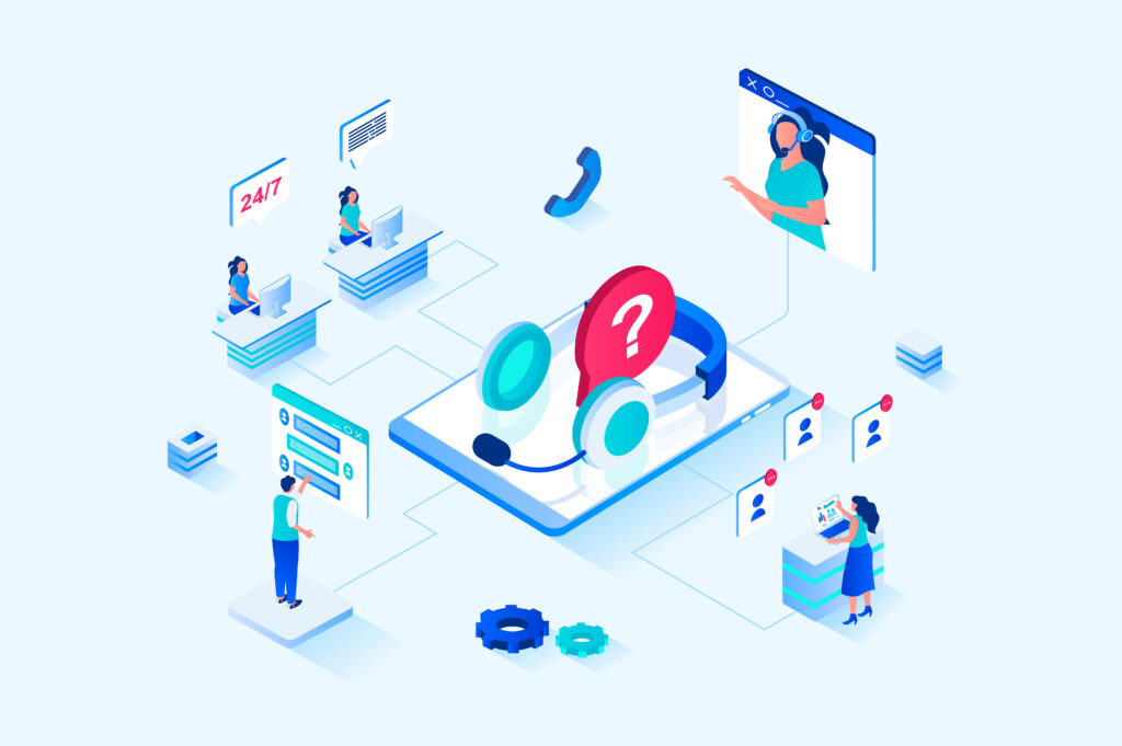 Customer support 3d isometric web design. People call technical support to get advice and resolve their issues, operators in headsets answer and advise, chatting clients. Web illustration