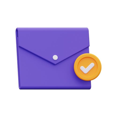 Email Marketing: A purple envelope with a yellow circle and a tick beside it.