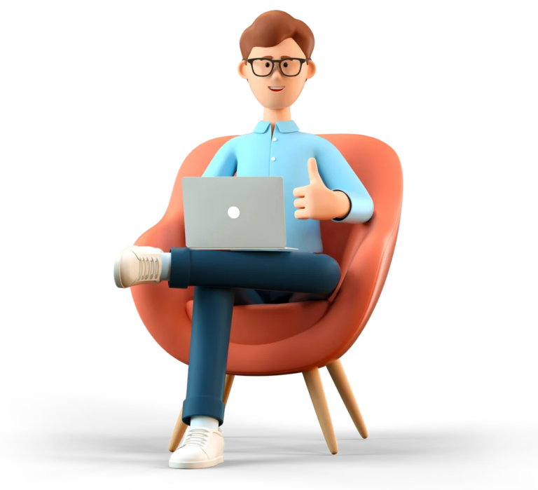 Illustration of a man holding a laptop with his thumb up