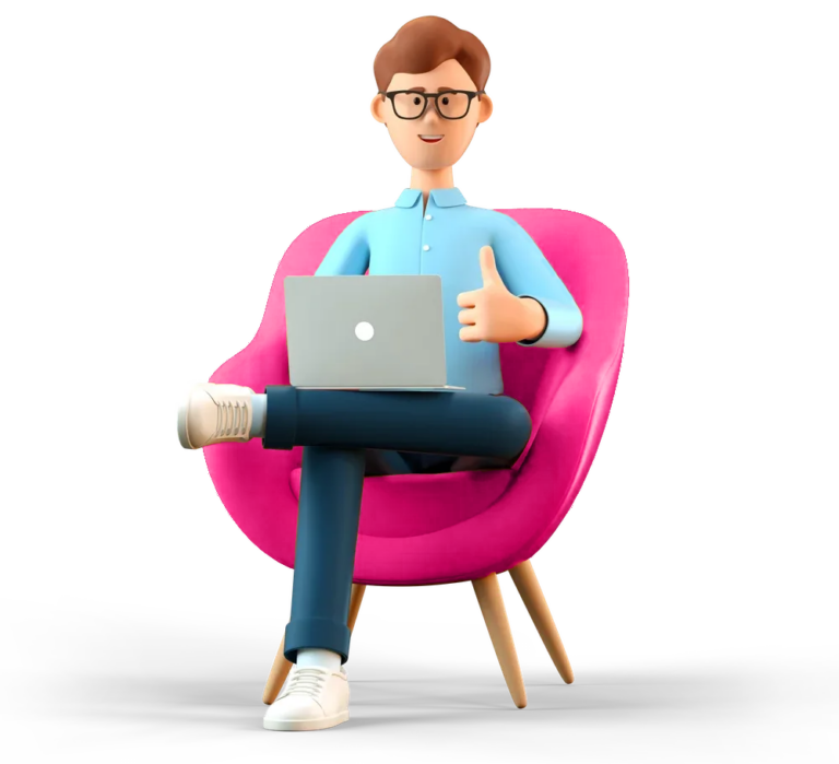 A man sat on a chair with a laptop, giving a thumbs up.