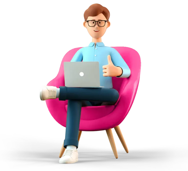 A man sat on a chair with a laptop, giving a thumbs up.
