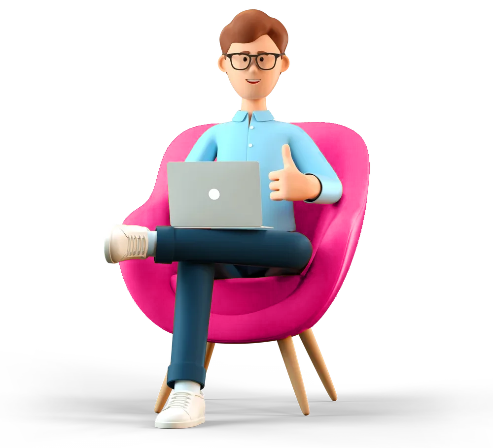 A man sat on a chair with a laptop, giving a thumbs up.