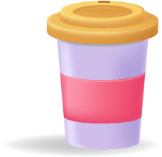 A purple, red, and yellow coffee cup.