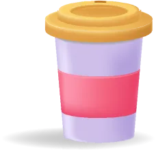 A purple, red, and yellow coffee cup.