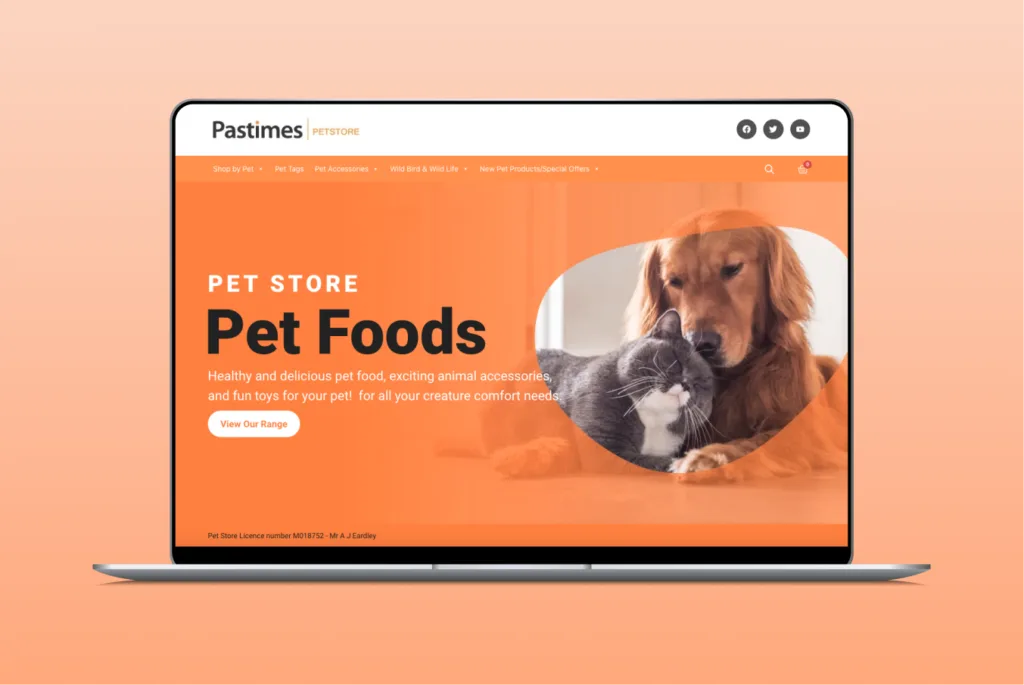 A screenshot of the Pets and Pastime website on a laptop screen with an orange gradient background