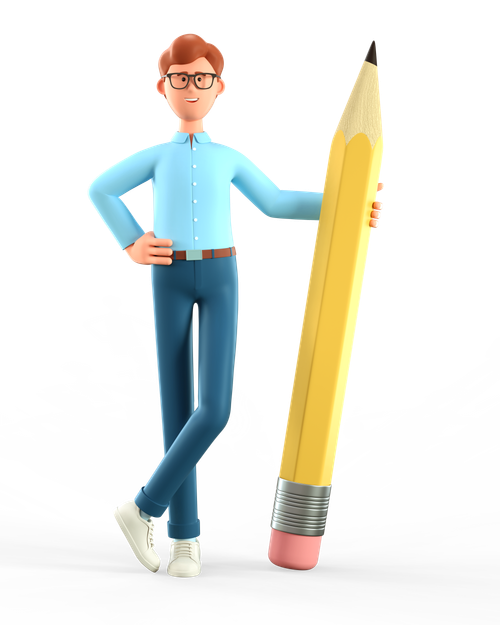 A man holding an over-sized pencil.