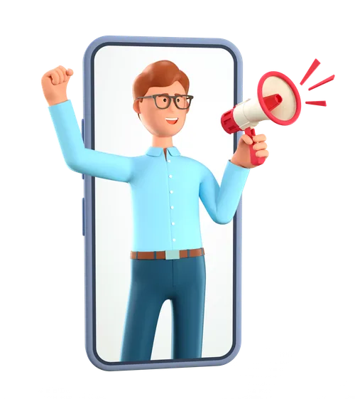 A man protruding from a phone yelling into megaphone.