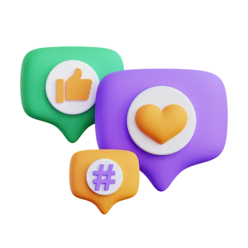 Three speech bubbles with a thumbs up, a heart, and a octothope.