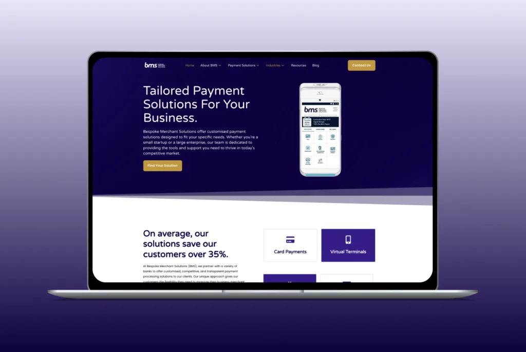 Bespoke Merchant Solutions homepage on a laptop with navy gradient background