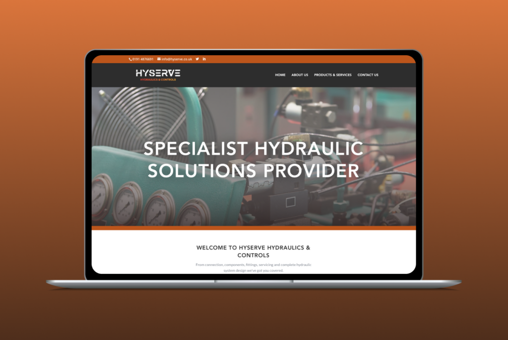 Hyserve new site on a laptop screen with orange background.