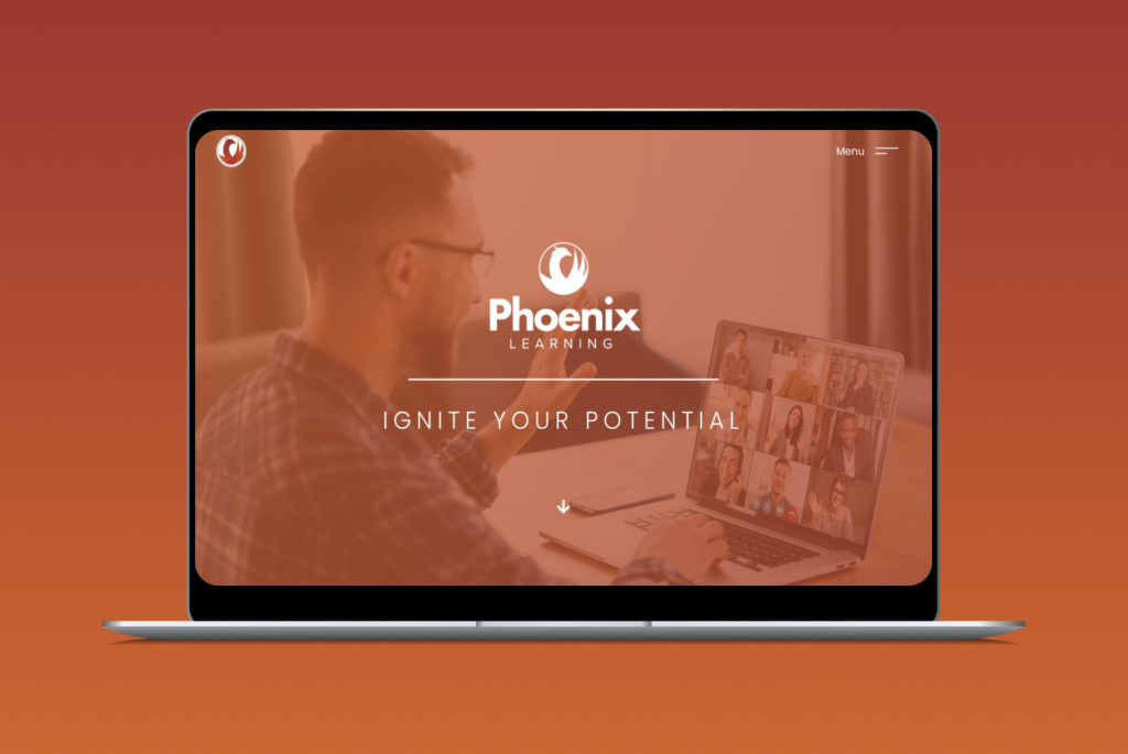 Phoenix Learning new site on a laptop screen with orange background.