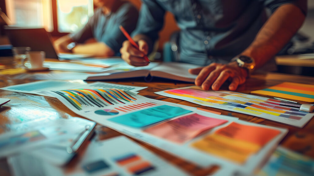 Two men brainstorming with colourful paper and sticky notes for their rebrand