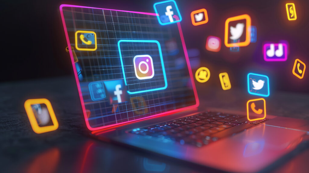 Spectacular neon 3D laptop advertising on social networks, emphasising innovative features and stylish design, makes you want to buy and improve your digital experience.